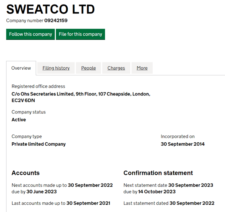 Юридическая информация о SweatCo Ltd
